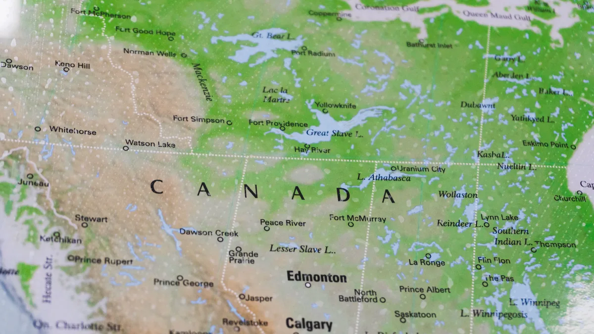 A map of Canada, specifically the provinces of Alberta and Saskatchewan, with the cities of Edmonton and Calgary visible.