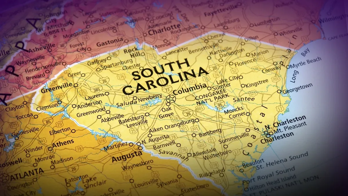 A map of South Carolina, highlighting the state's location and major cities.
